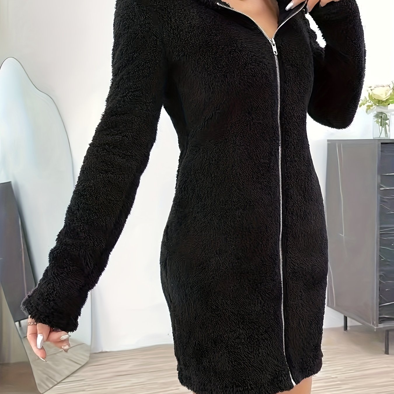 Solid Color Reversible Plush Hooded Zip-up Cardigan Casual Women's Fall Winter Plush Jacket