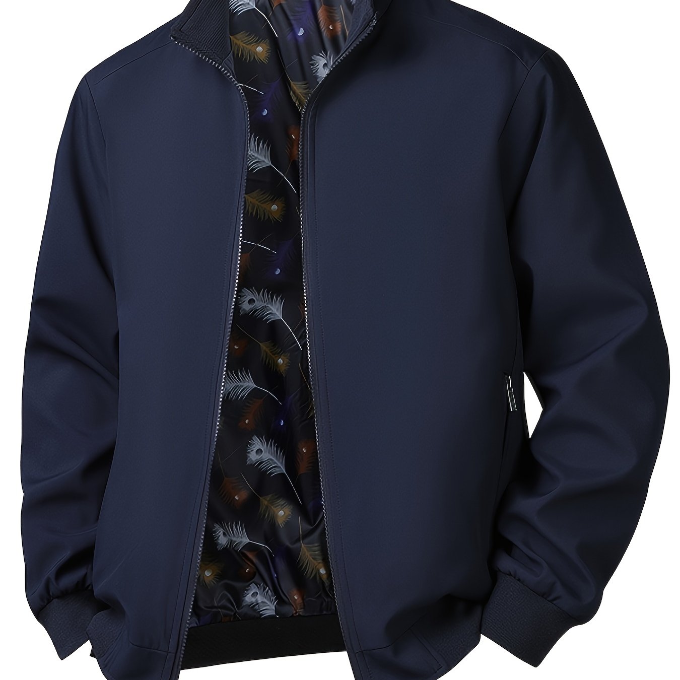 TEMU Men's Fashionable Lightweight Business Casual Collar Jacket, Featuring Practical Zippered Pockets, Machine-washable Polyester Fabric, And