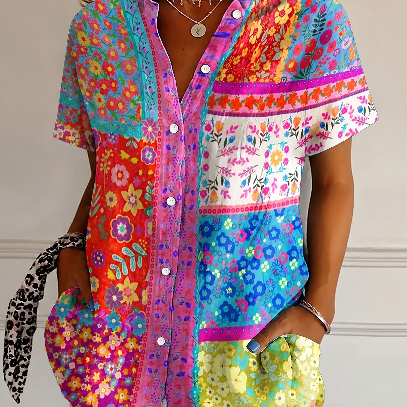TEMU Casual Fashion Bohemian Printed Women's Short Sleeve Shirt Open Front Top