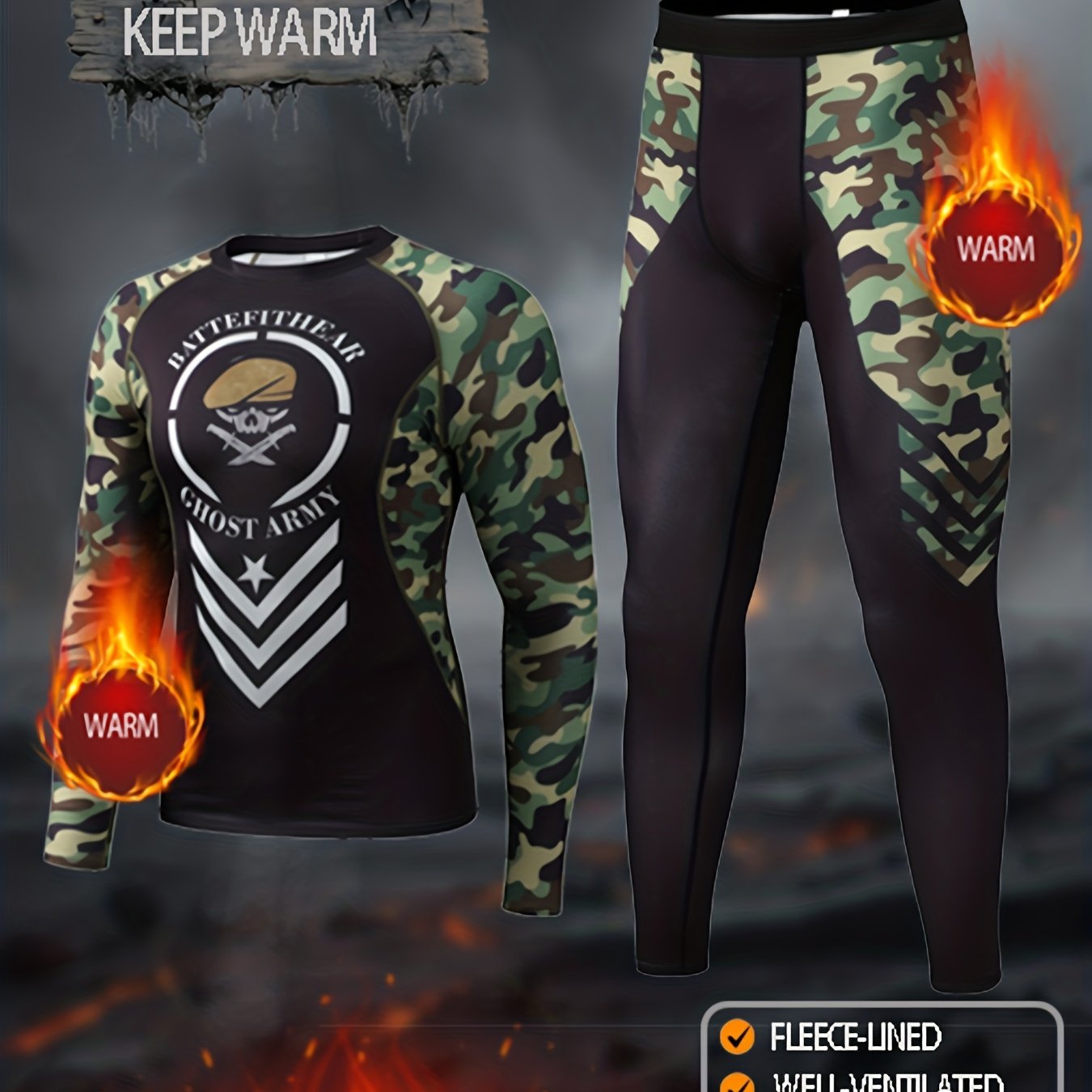 2pcs Set Of Men's Thermal Underwear For Autumn And Winter, With Plush Outdoor Skiing Thick Leggings And Long Sleeved Tops, Hunting