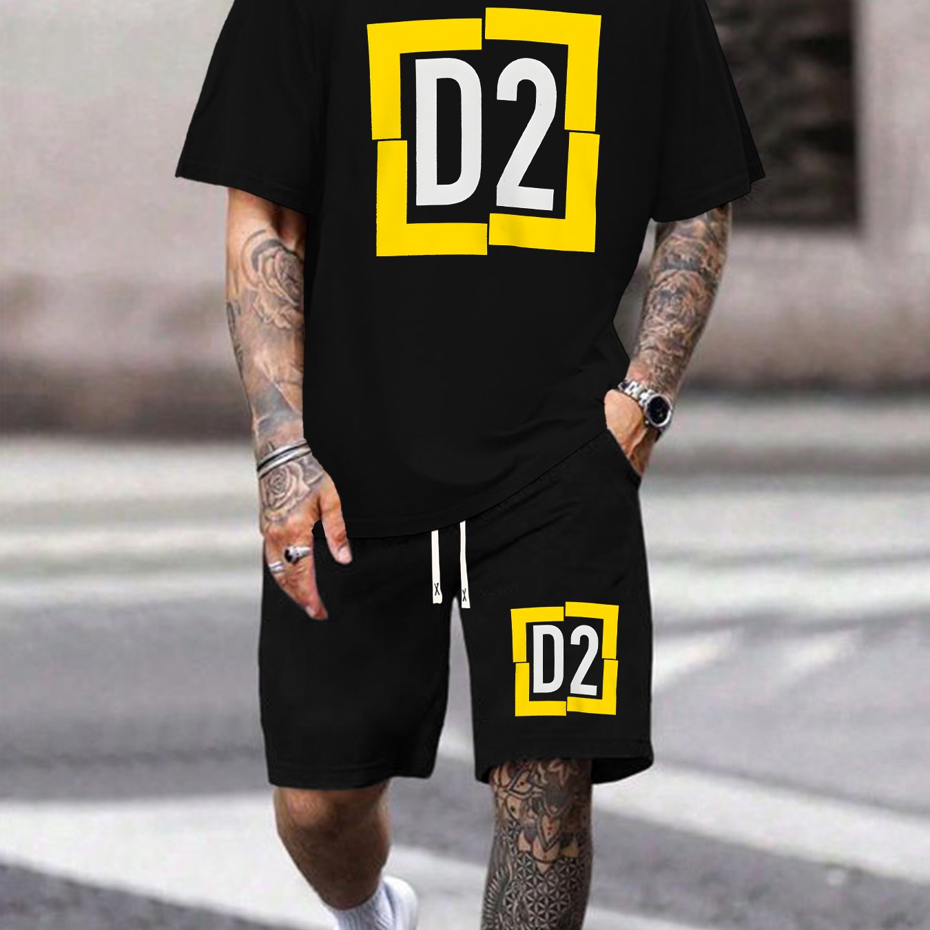 TEMU Men's Summer Stretch Polyester Knit Set, Blue Frame D2 Print T-shirt And Shorts, Machine Washable And , Versatile Style For Outdoor Activities