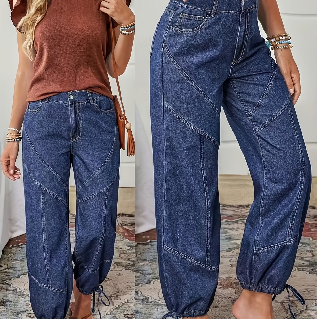TEMU 2026 New Women's Stretch Denim Jogger Pants, Tie Ankle Size Fashion Casual Trousers, Washed Durable Fabric, Easy Versatile Style