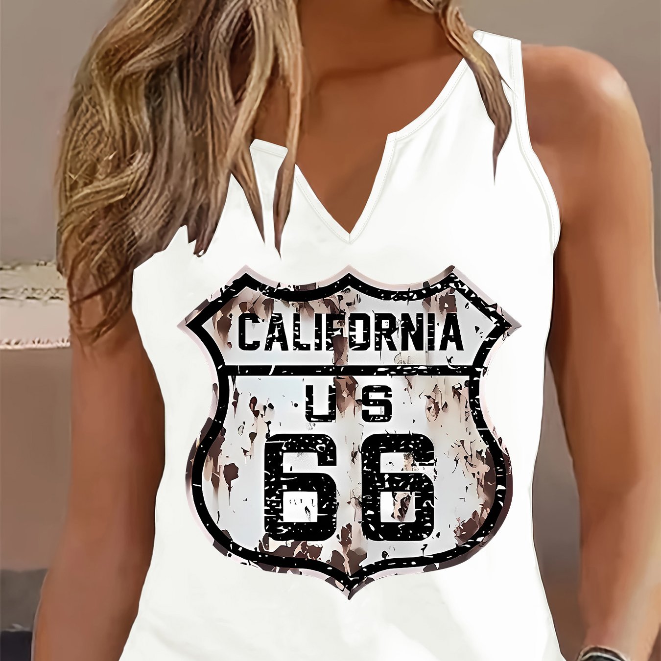 TEMU Women's Vintage Print Sleeveless V-neck Blouse - Breathable Summer Top With V66 Number 052#, Casual Loose Fit For Outfits & Casual Attire,