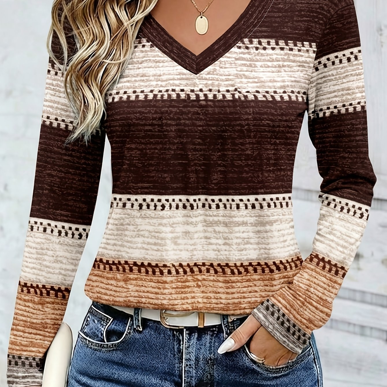 TEMU Damen mehrfarbig gestreiftes Langarm-Basisschicht-Top mit V-Ausschnitt, schmale Passform, für Freizeit Pendeln, Color-Block-gestreifter Pullover