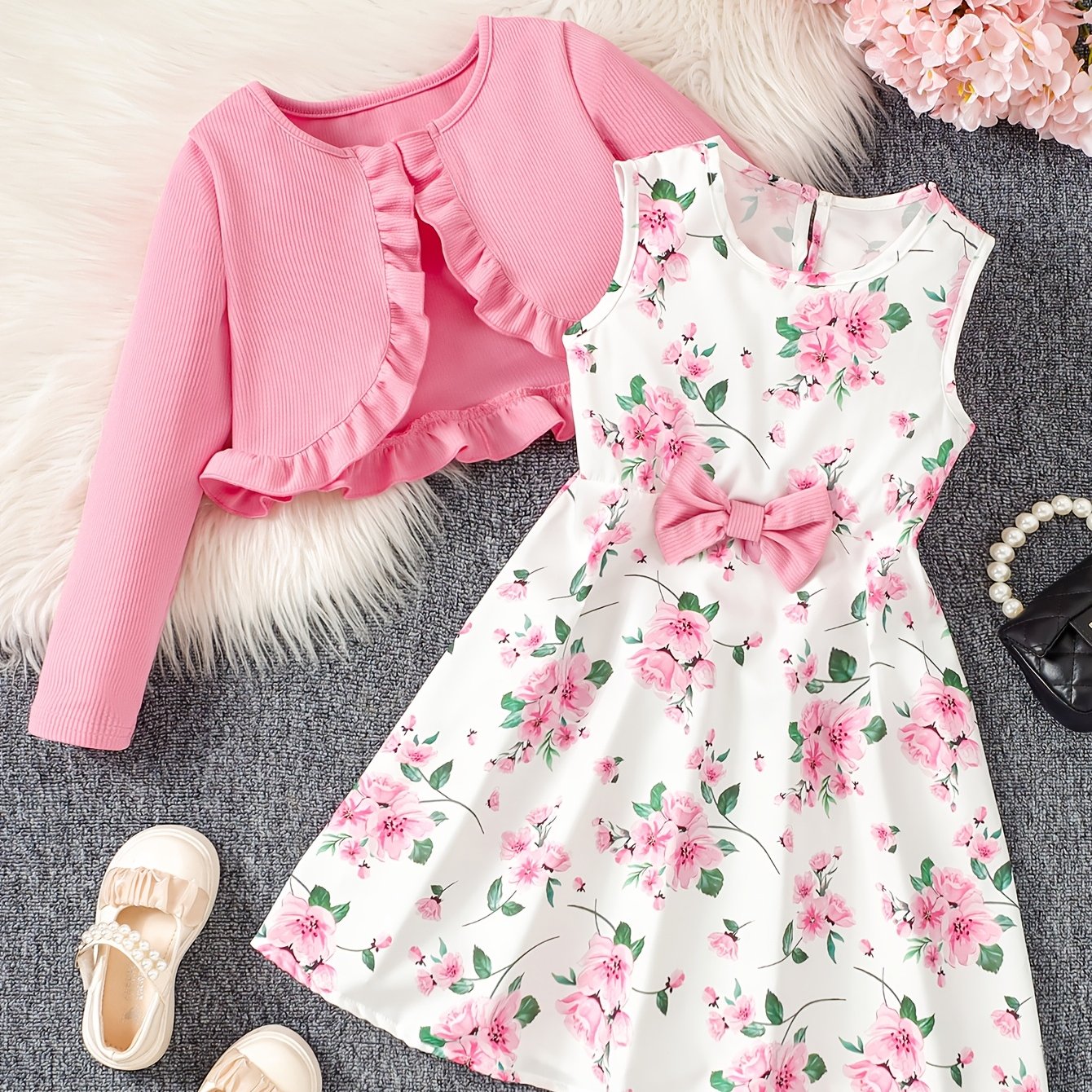 Image of Autumn Girls' Fashion Long Sleeve Solid Jacket And Sleeveless Floral Bow Dress Set