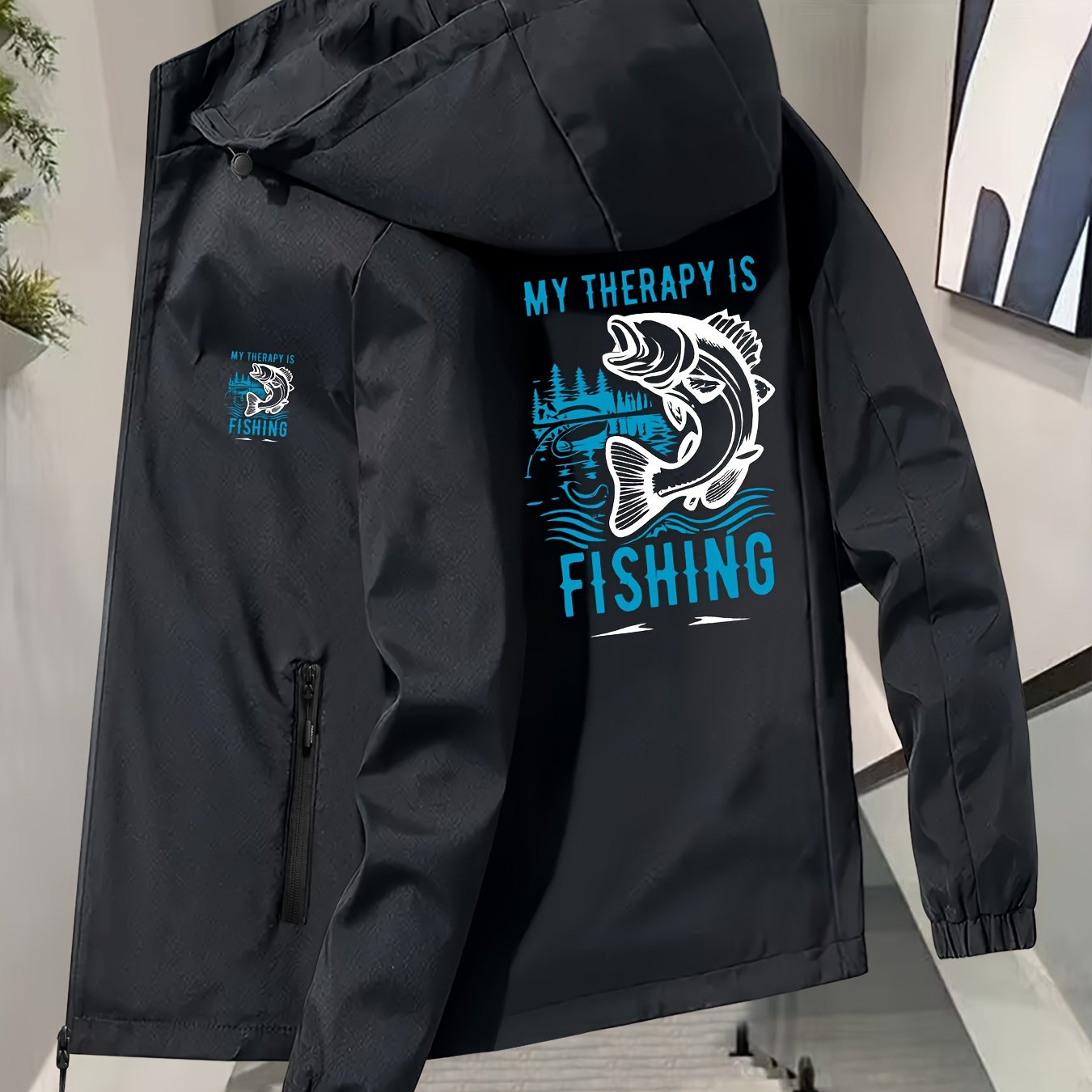 TEMU Men's Hooded Fishing Jacket Featuring Scale And Trout Logo Design - A Wind-resistant Winter Coat With Zippered Pockets, Machine Washable, Ideal