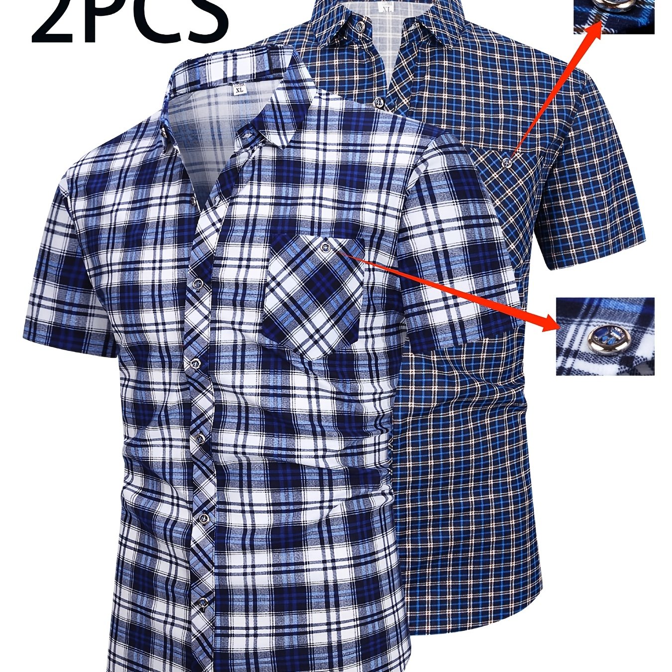 TEMU Set Of 2 Short-sleeve Checkered Shirts With Buttons