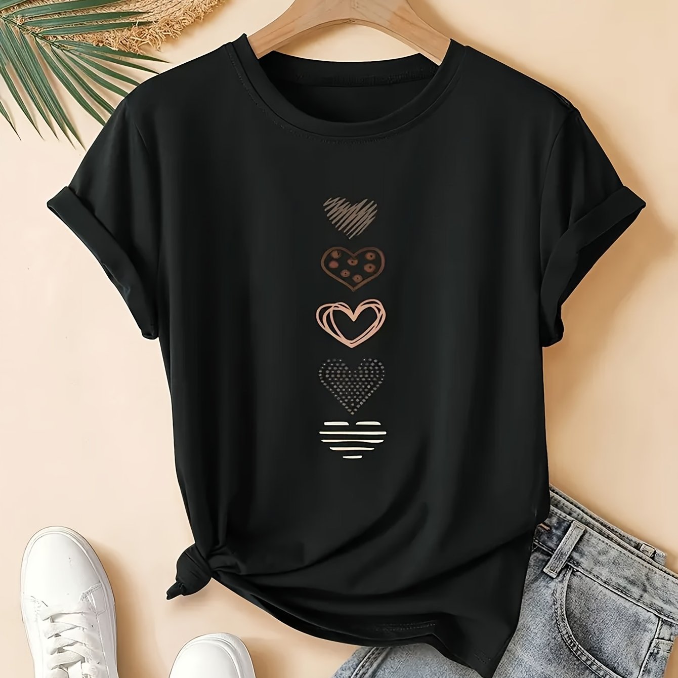TEMU Women's Vintage Black Heart Print T-shirt, Short Sleeve Round Neck Casual Top