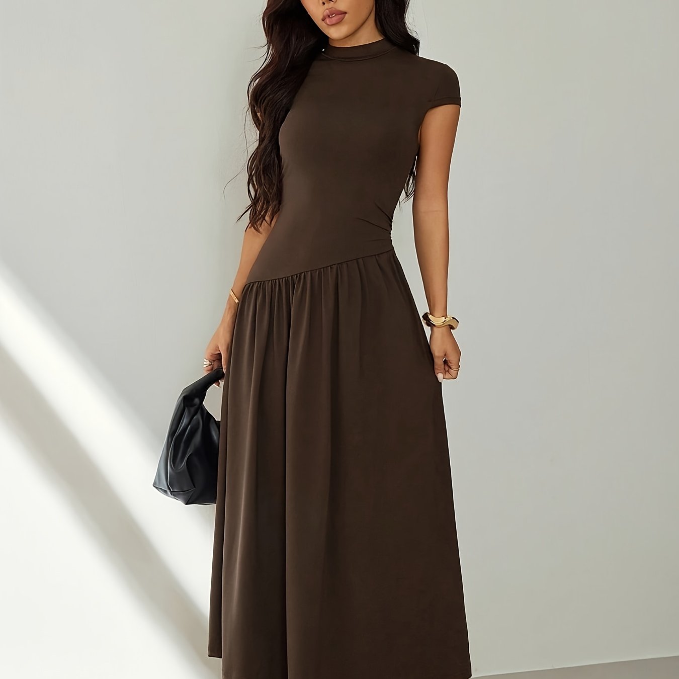 E-shop Damen-Einfarbiges Stehkragen-Kleid mit Puffärmeln, Plisseesäumen langem Freizeitkleid, Sommerkleid
