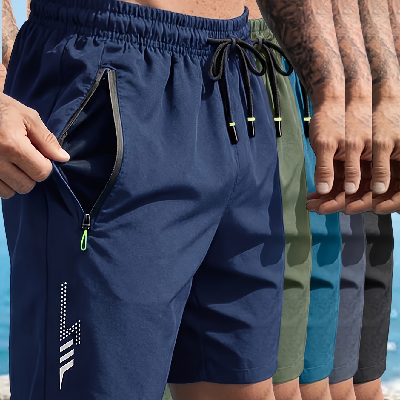 TEMU 5pcs.men's And Women's Fashion Trendy Cool Casual Sporty Shorts, With Drawstring Waist And Double-sided Zipper Pockets, Suitable For Daily Life,