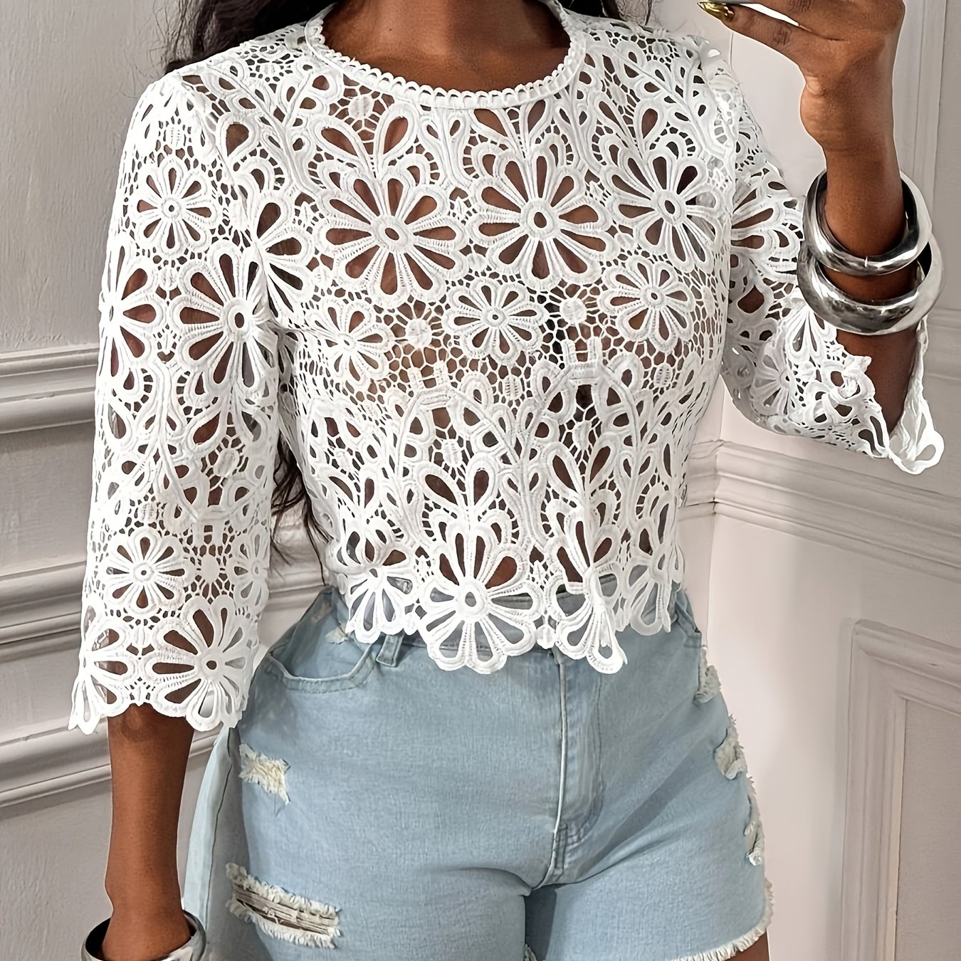 TEMU Vêtement de soirée élégant pour femme, top court , style tendance, tenues pour femme, chemise brodée à empiècements, chemise transparente à