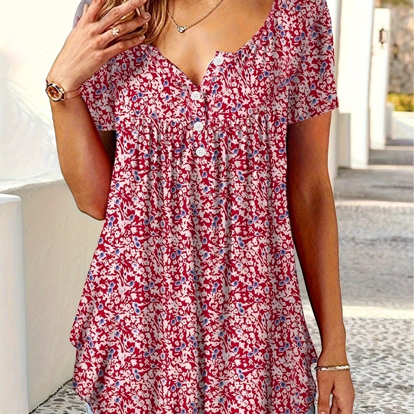Plus Size, Plus Size Spring/summer Short Sleeve Random Print Button T-shirt Top