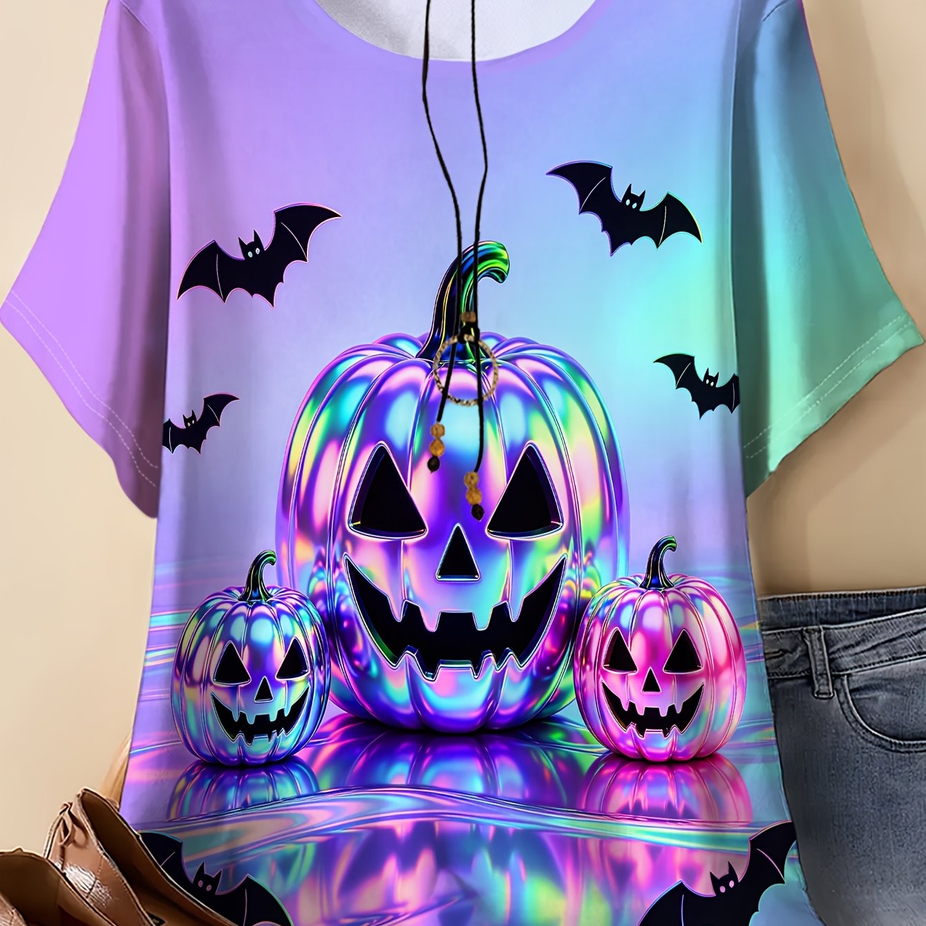 TEMU Plus Size, Plus Size Women' Cyber Festival T-shirt - Full- Metallic Bat & Pumpkin Print, Light Purple Gradient Suitable For Halloween & Themed