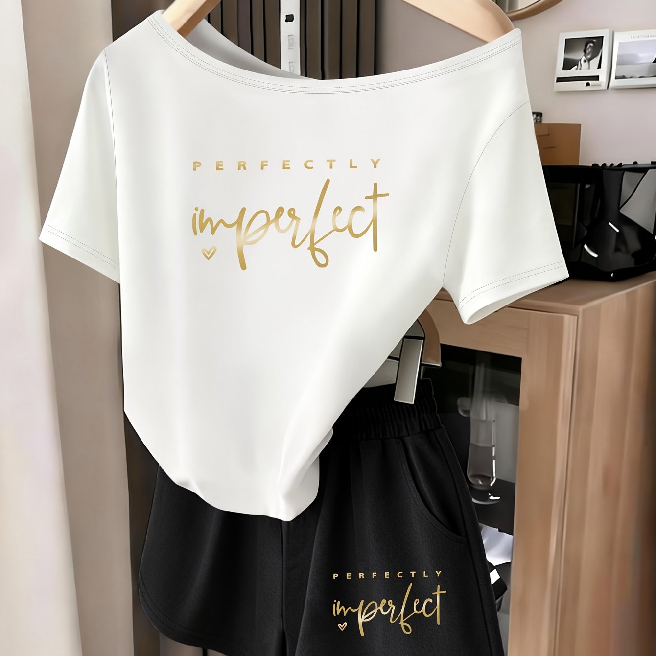 TEMU 2pcs Women's Fashion Casual Versatile Off-shoulder T-shirt And Shorts Set