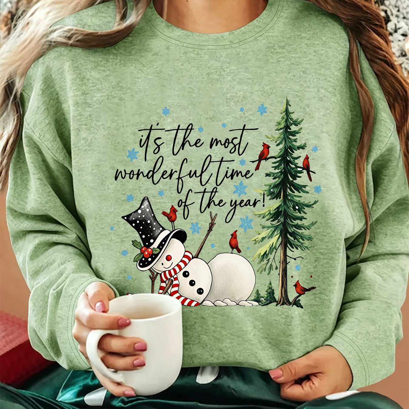TEMU [christmas ] Women's New Snowman Pine Tree And Red Bird Slogan Print Round Neck Loose Long Sleeve T-shirt, Fall Winter Home Holiday Gift Party