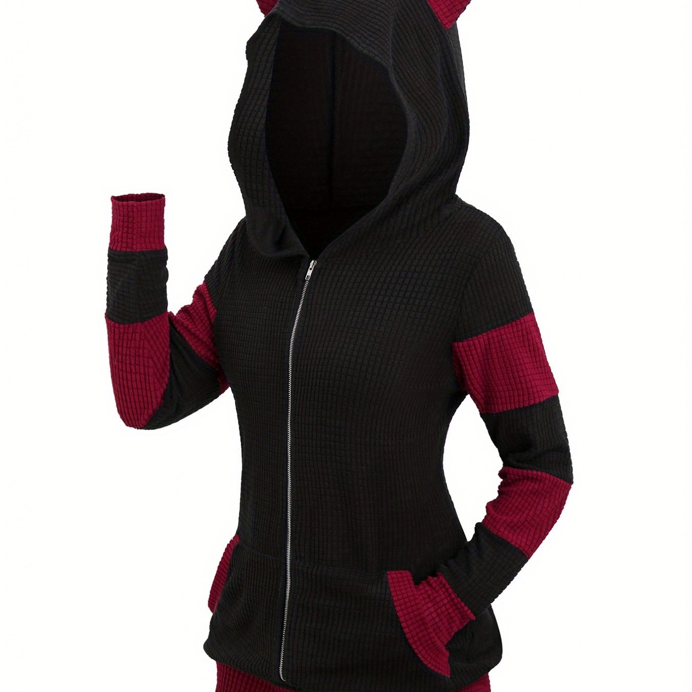 Image of Plus Size - Plus Size - Western Size Women's Clothing Autumn Winter New Thickened Cat Ear Zipper Color-block Hooded Sweatshirt Jacket