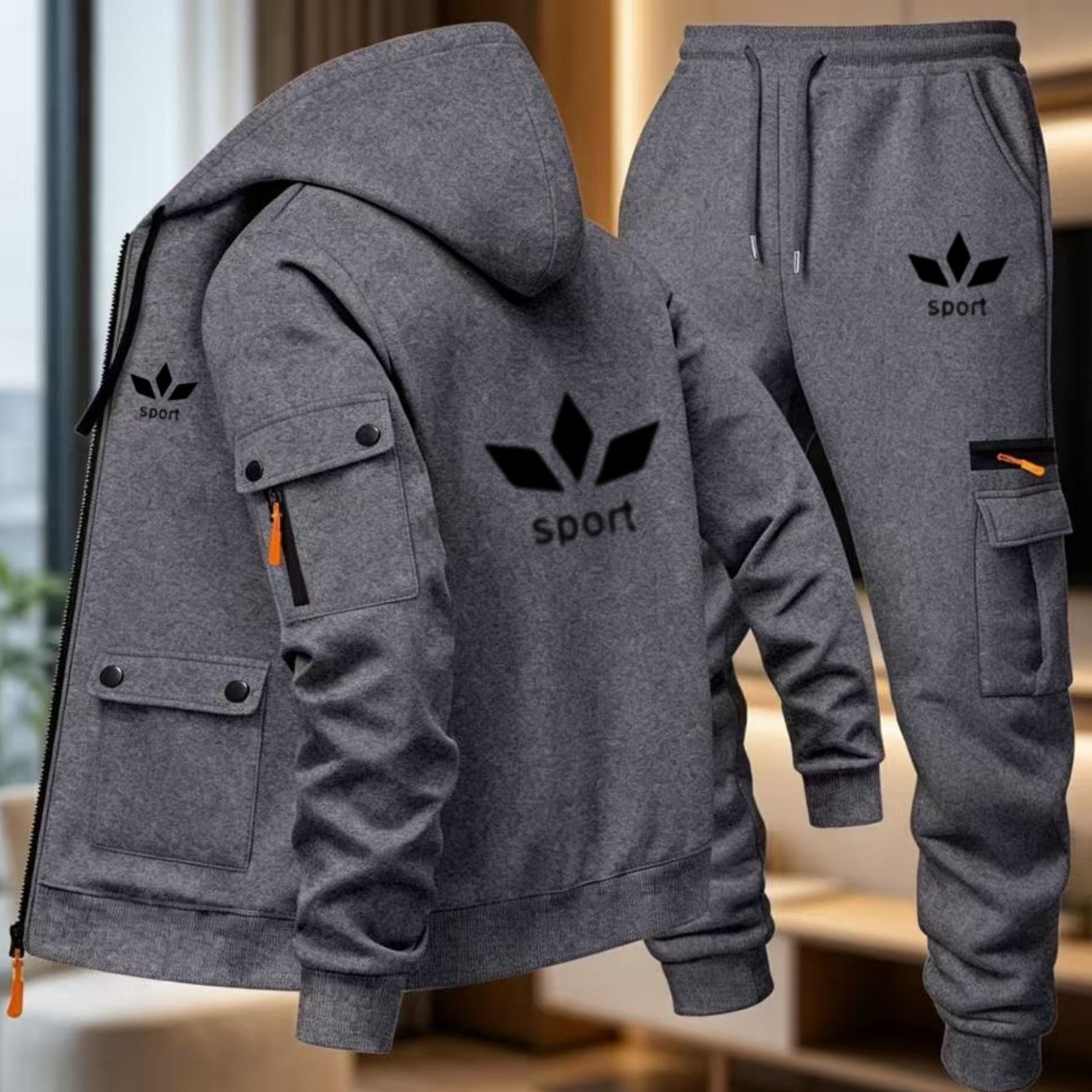 TEMU Ensemble 2 pièces Sweat-shirt cargo à capuche et logo sportif, et pantalon cargo multi-poches, essentiels printemps/automne/hiver