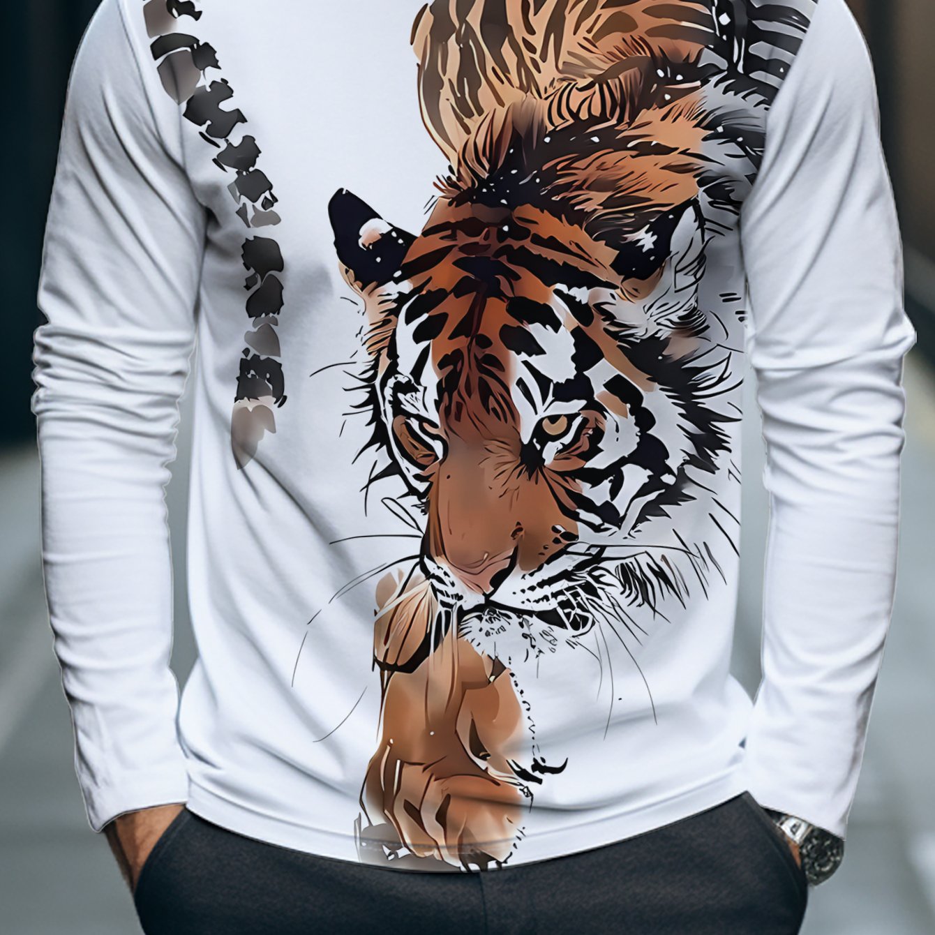TEMU White Long Sleeve T-shirt With Vivid Tiger Print | , Regular Fit, Crew Neck, Stretch Fabric