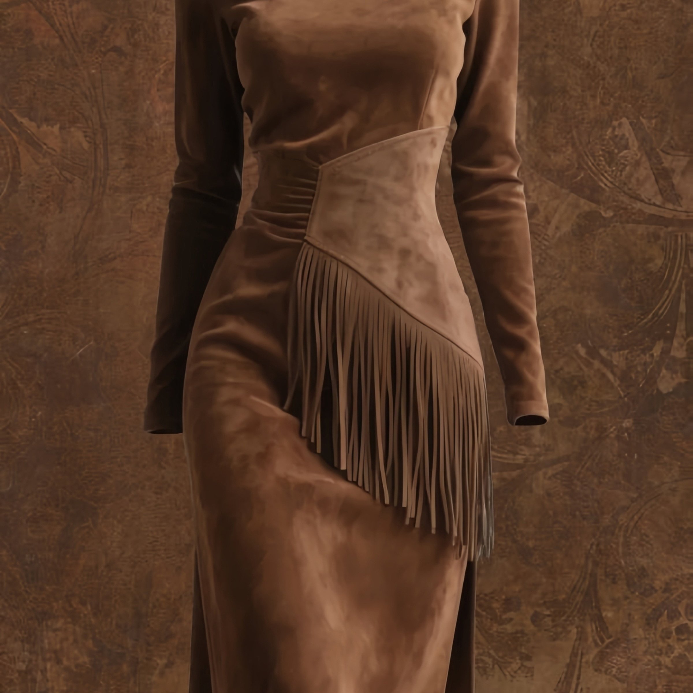 TEMU Women's Vintage Western Round Neck Slim-fit Long Sleeve Suede Fringe Dress