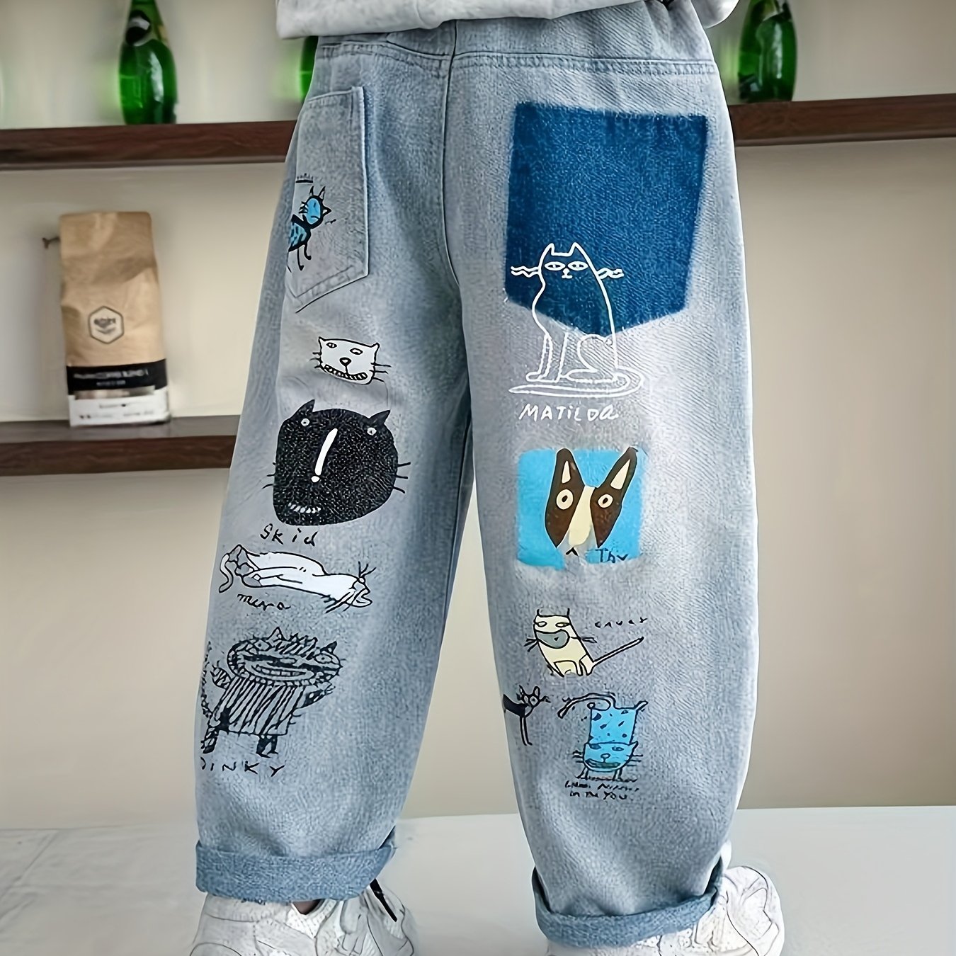 Image of Boys' /autumn Street-style Print Straight-leg Jeans, Kids' Wide-leg Pants