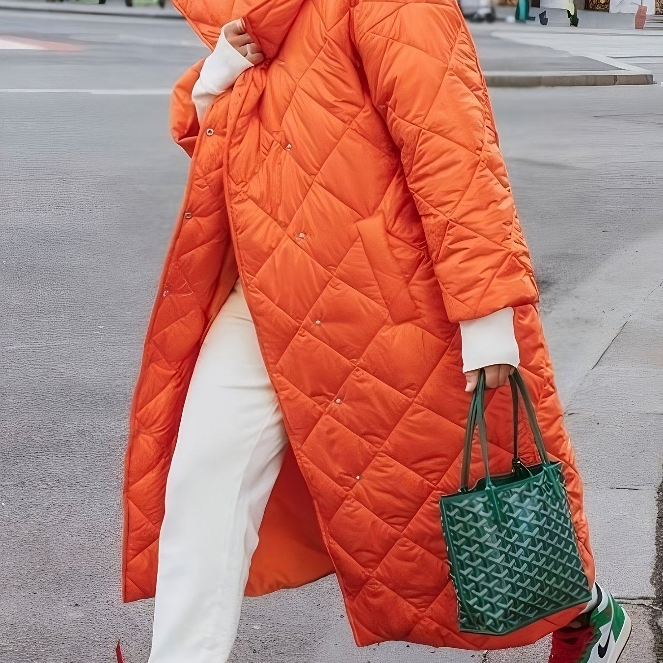 TEMU Nueva de abrigo larga acolchada, , de color liso, con de cuadros de diamante, de ajuste holgado casual, versátil y para trayectos diarios, para
