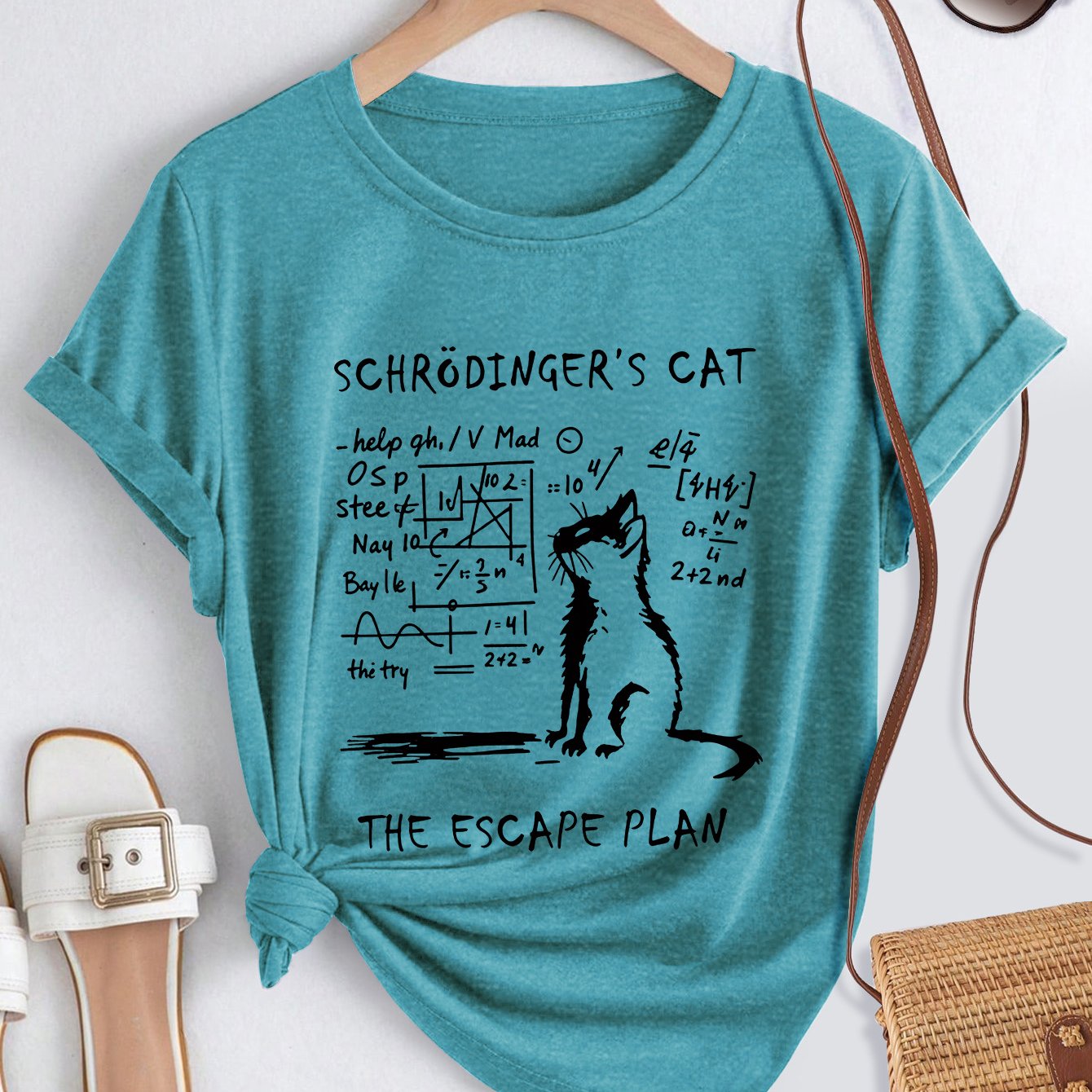 TEMU Women's Short Sleeve T-shirt With "'s Cat" Fun Science Meme Print, New Arrival Women's Apparel, Comfortable And Soft, Round Neck, Breathable,