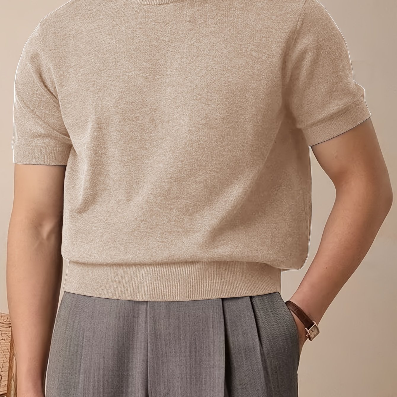TEMU Nouveau pull-over de printemps/été à manches courtes pour homme, tricoté, coupe droite, T-shirt décontracté, couleur unie, couleur de base et