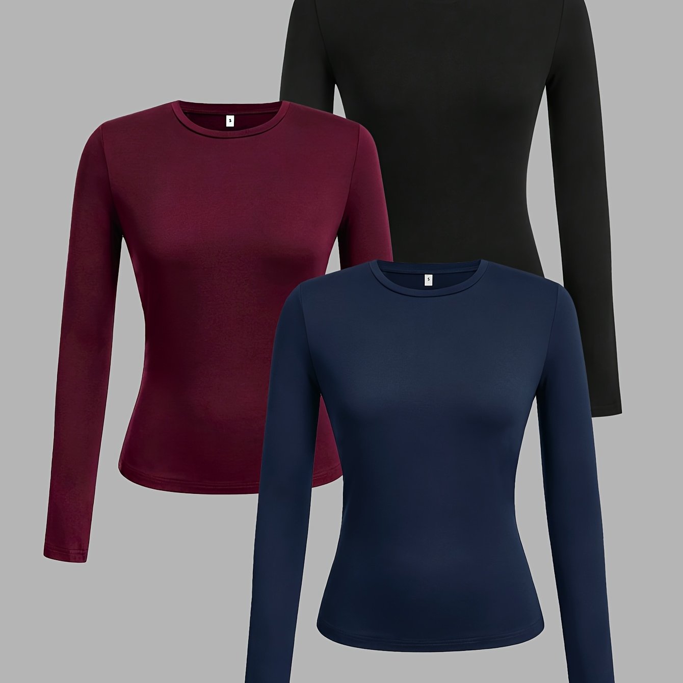 TEMU 3pcs Set, Women's Round Neck Casual Fitted Long Sleeve T-shirt Set, Suitable For Spring, Autumn, And Winter