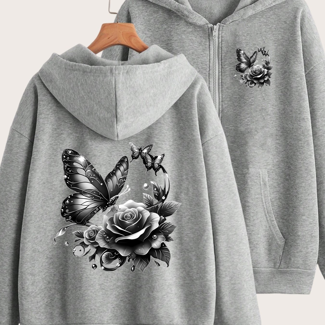 TEMU Black Rose Print Elegant Romantic Design With Front And Back 2-pattern Print - Y2k Zippered Hoodie - Stylish And Comfortable Zippered Jacket -