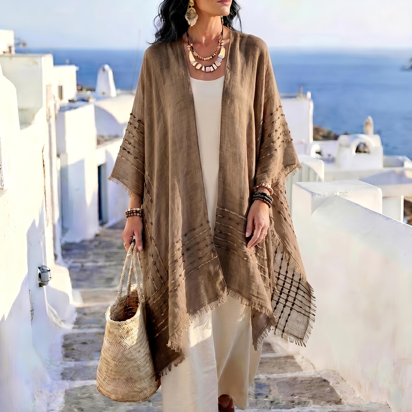 TEMU Plus Size, Women's Casual Bohemian Frayed Hem Cardigan For Casual Attire