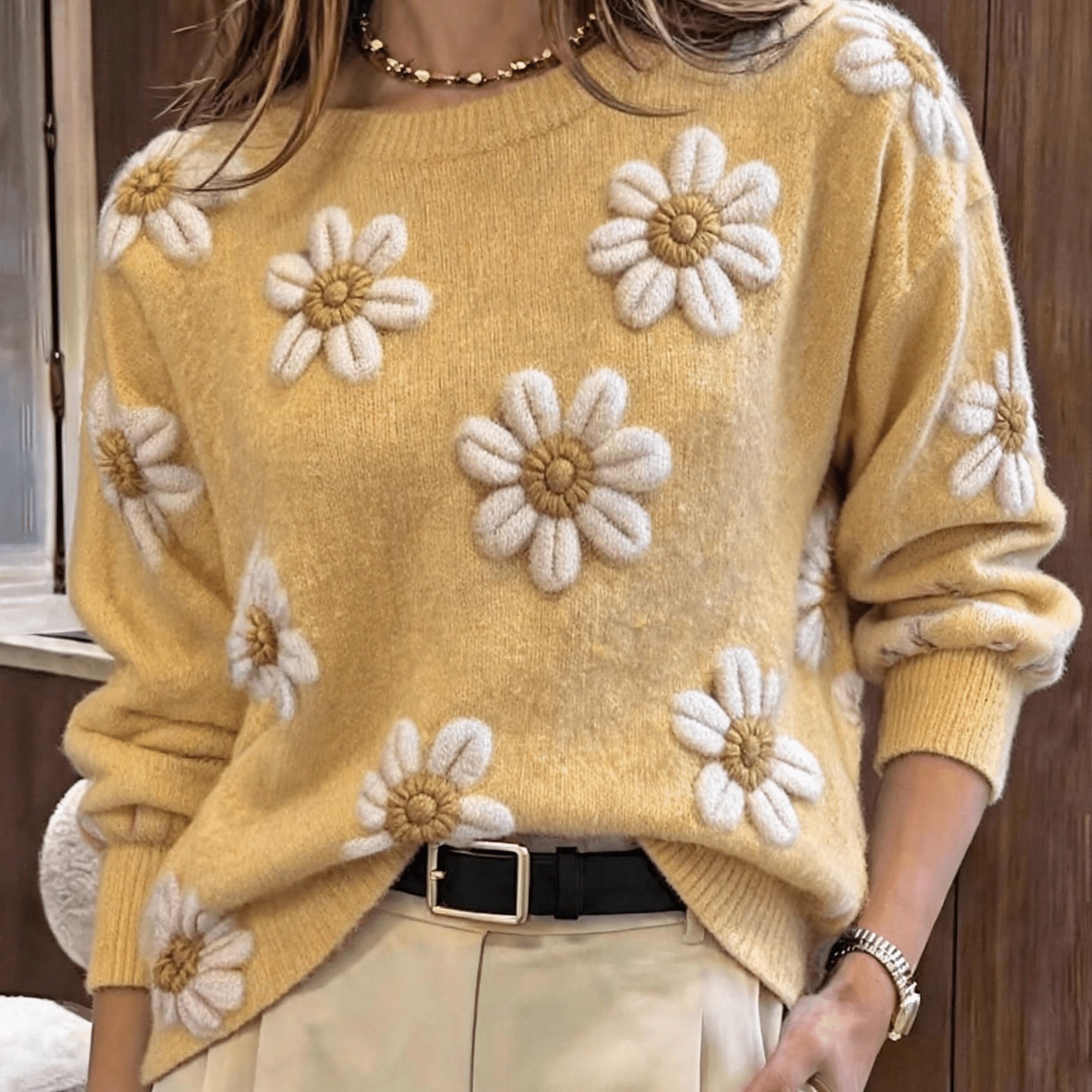 TEMU Pull pour femme à manches longues et col ras du cou, style doux et à imprimé marguerites, tricot doux et à , ample et décontracté à épaules