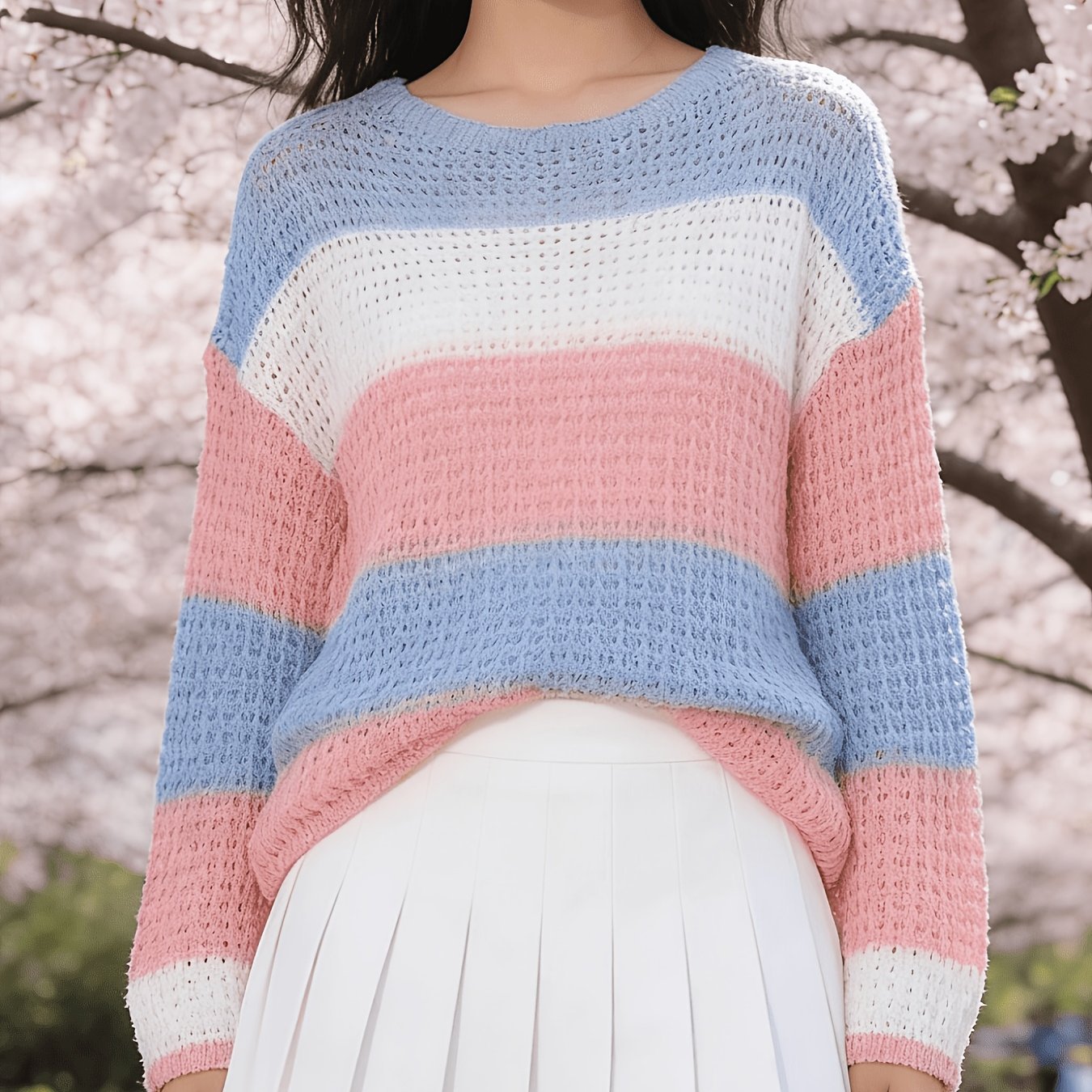 TEMU New Summer Striped Hollow Round-neck Pullover Sweater For Women, A Stylish Casual Outer Layer