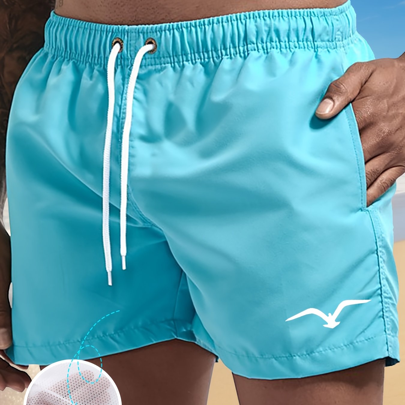 TEMU Men's Seagull Shorts With Drawstring Waistband, Made Of Quick-dry Fabric With Mesh Lining. Ideal For Summer Beach, Pool, And Outdoor Activities.
