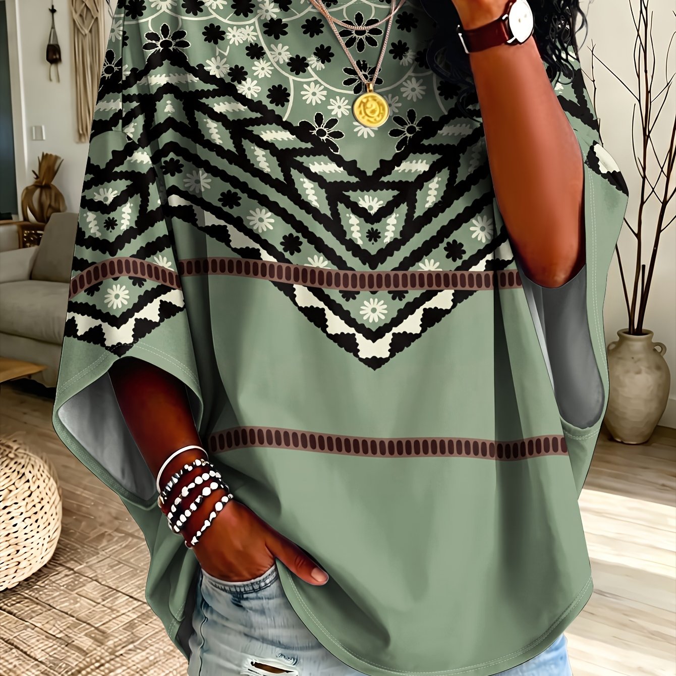 TEMU Plus Size Women's Bohemian Ethnic Style Geometric Floral Contrast Print T-shirt, Loose Round Neck Drop Shoulder 3/4 Sleeve Top, Casual Top,