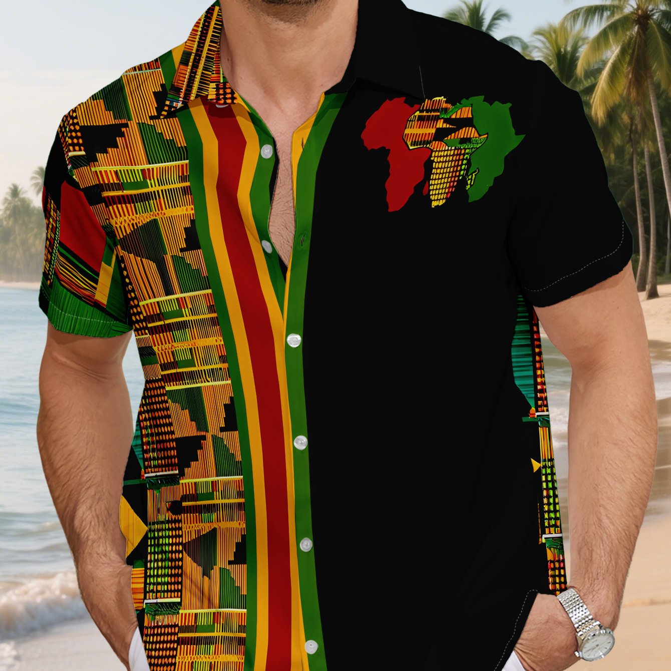 TEMU Chemise à Manches Courtes Imprimée Hawaïenne & Africaine pour Homme - Chemise d'Été à Col Tropical pour la Plage /Jaune/Vert, Coupe et