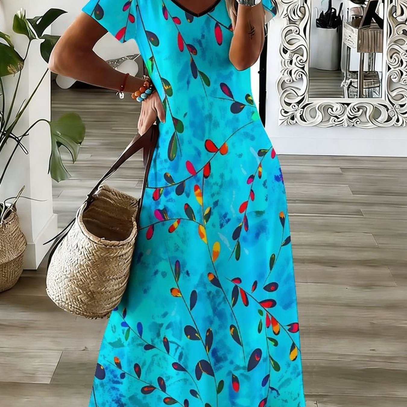 Image of Elegant And Luxurious Women's Long Dress, V-neck Short Sleeve With Natural Floral Print, Ideal For Daily And Party Occasions