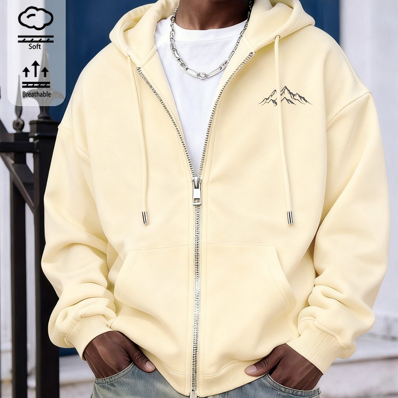 Image of Autumn Zip-up Hoodie With Minimalist Mountain Print, Casual Loose-fit Long-sleeve Jacket, Local Warehouse Shipping
