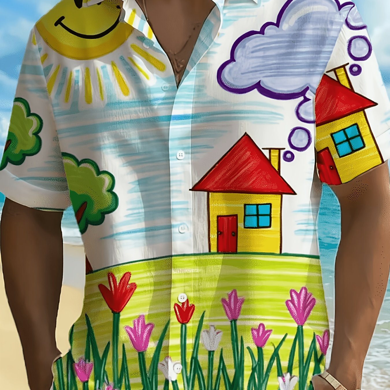 TEMU - Men's Colorful Cartoon Scenery Print Button-up Shirt? And House Pattern, Casual Short Sleeves, Material Suitable For Summer Activities And
