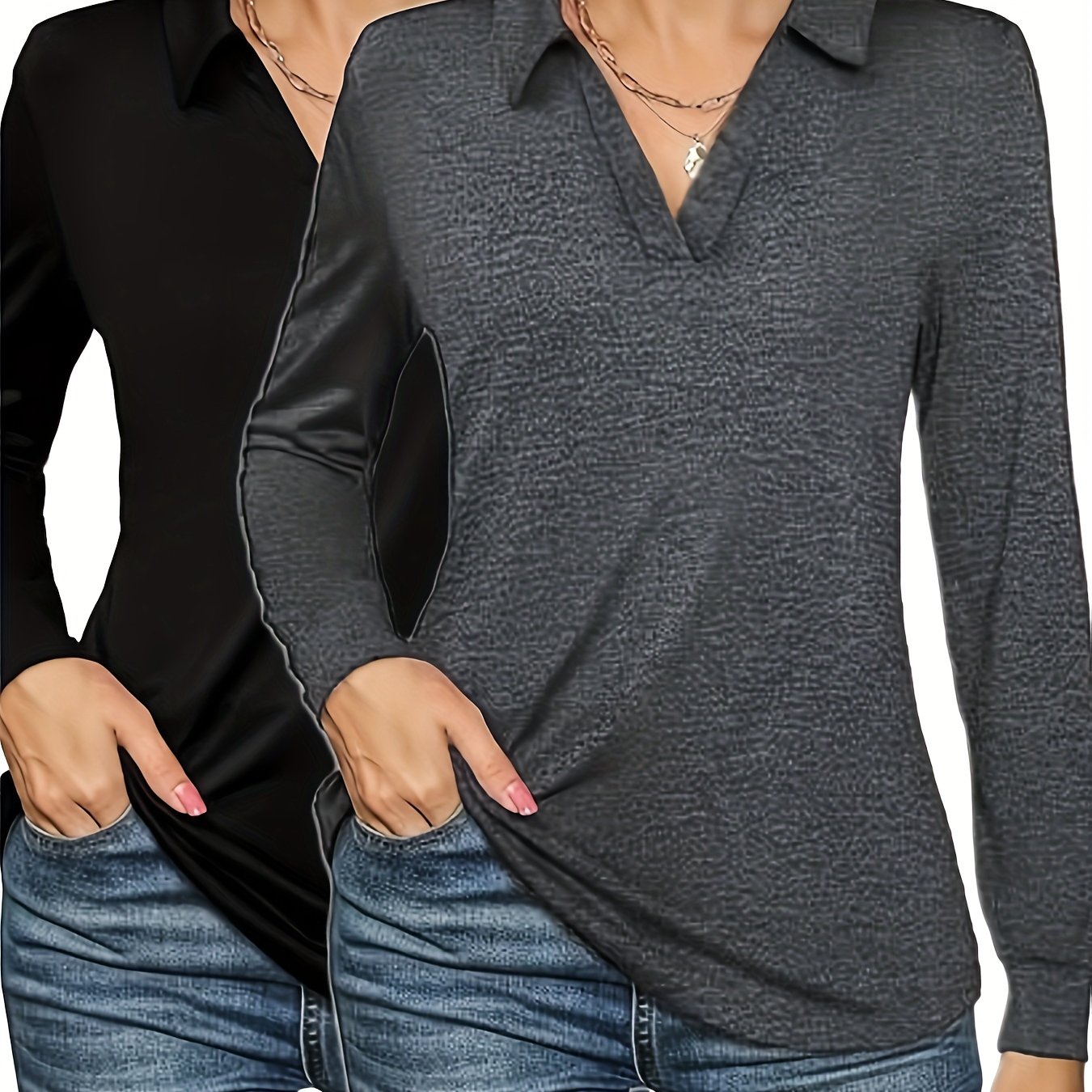 Image of Plus Size, Plus Size 2pcs, Collared Shirt, Casual Long Sleeve T-shirt For Women, Spring/autumn Wear
