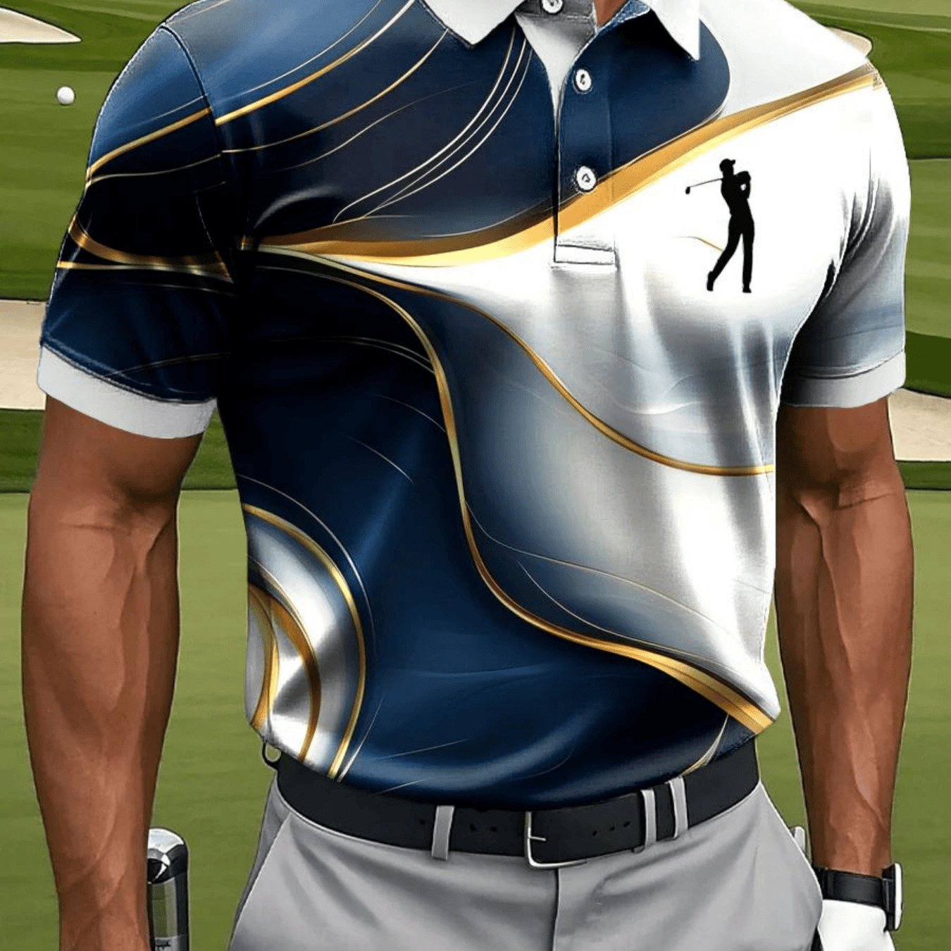 TEMU Men's Casual Sport Short Sleeve Shirt With Iridescent Stripes And Golf Pattern Print, Machine Washable Polyester Fabric, Breathable Regular Fit,