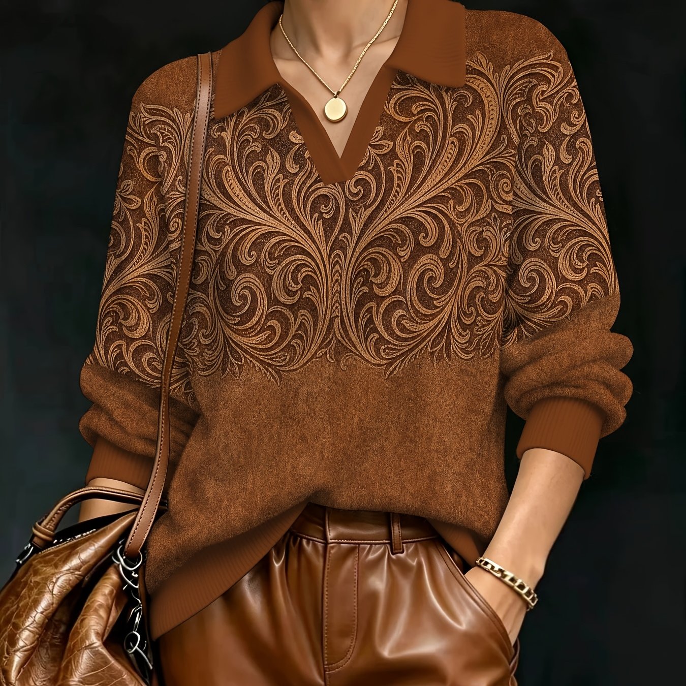 TEMU Nouveau haut imprimé pour femme 2026, faux pull à motif bouclé vintage, design à col en V et , chaud et décontracté pour et l'hiver, polyvalent,