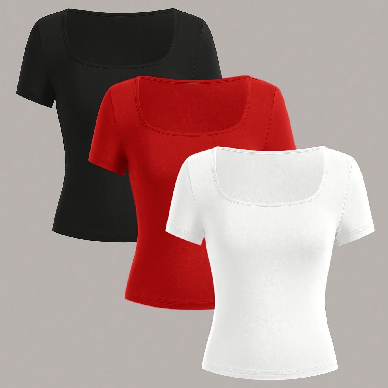 TEMU Conjunto de 3 camisetas básicas de manga corta y cuello cuadrado, top deportivo casual para mujer