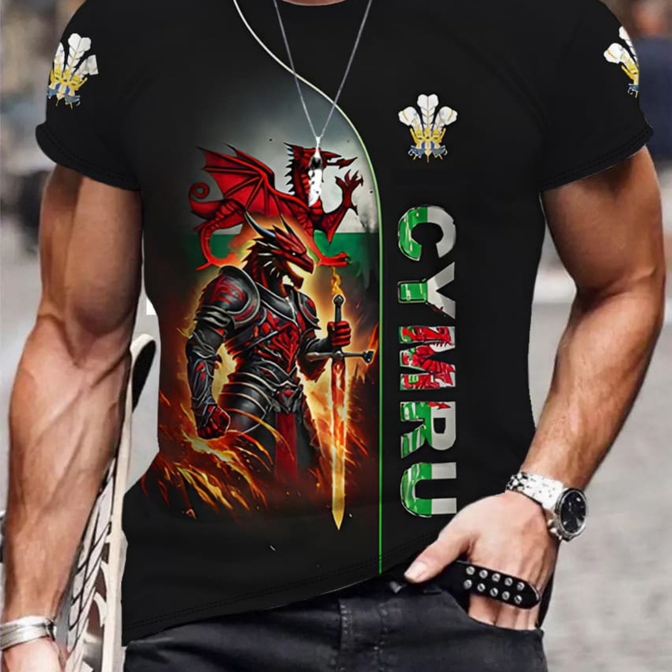 TEMU Men's Short-sleeve T-shirt Featuring The Welsh Red Dragon, Trendy And Unique 3d , Round Neck Casual Top, Perfect For -border Fashion.