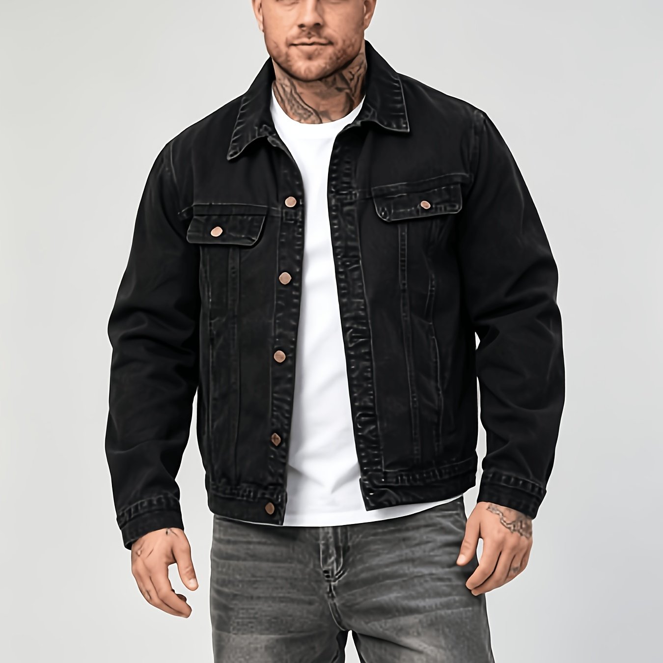 Image of [hme]amekaki Plus-size Men's Denim Jacket, Versatile And Fashionable, Suitable For . Heavy-duty Washed , Well-fitting Flight Jacket, Three-dimensional Cut Lapel Design, Plus-size Men's Denim Jacket