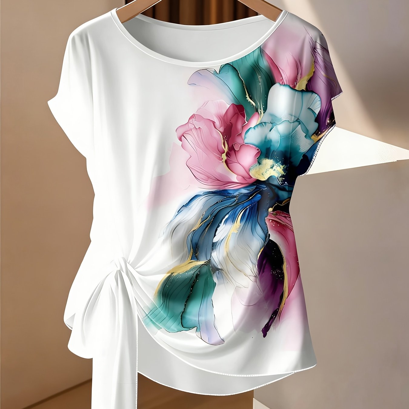 TEMU Plus Size, Women's Plus Size Loose Fit Holiday Casual Summer Cool Floral Abstract Print Batwing Sleeve Crew Neck White Top