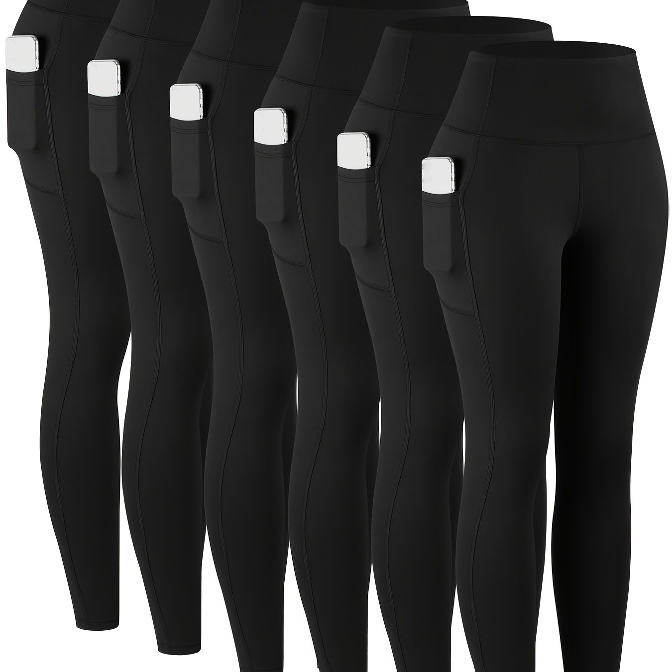 TEMU 6pcs High-waisted Leggings With Pockets, Stylish Casual Tights With Dual Side Pockets