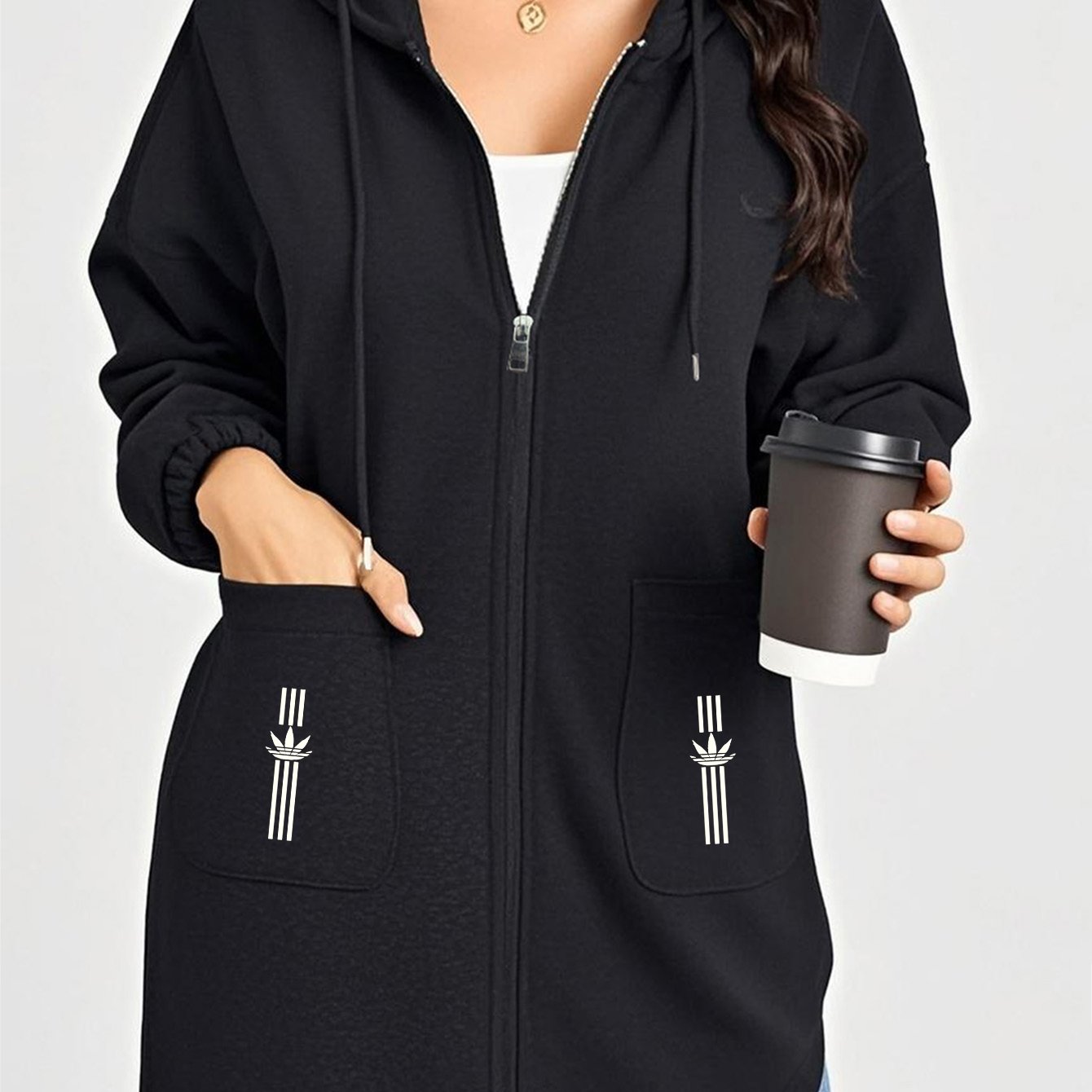 TEMU Women's Fashion Long Zip-up Hooded Jacket With " With Vertical Stripe Pattern" Print Design, Super Versatile, Side Pockets Practical And