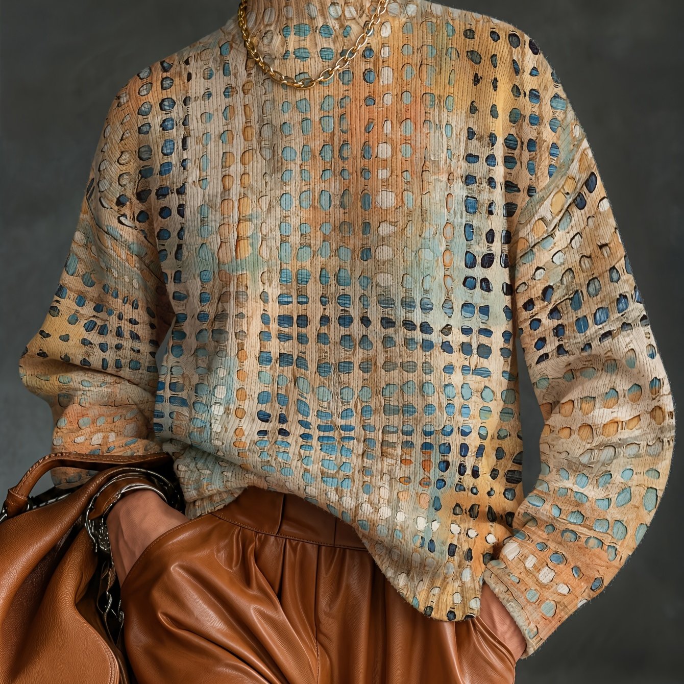 TEMU Pull épais à col montant et manches longues en tricot imprimé intégral pour femme, motif doré brisé au coucher , haut décontracté doux et