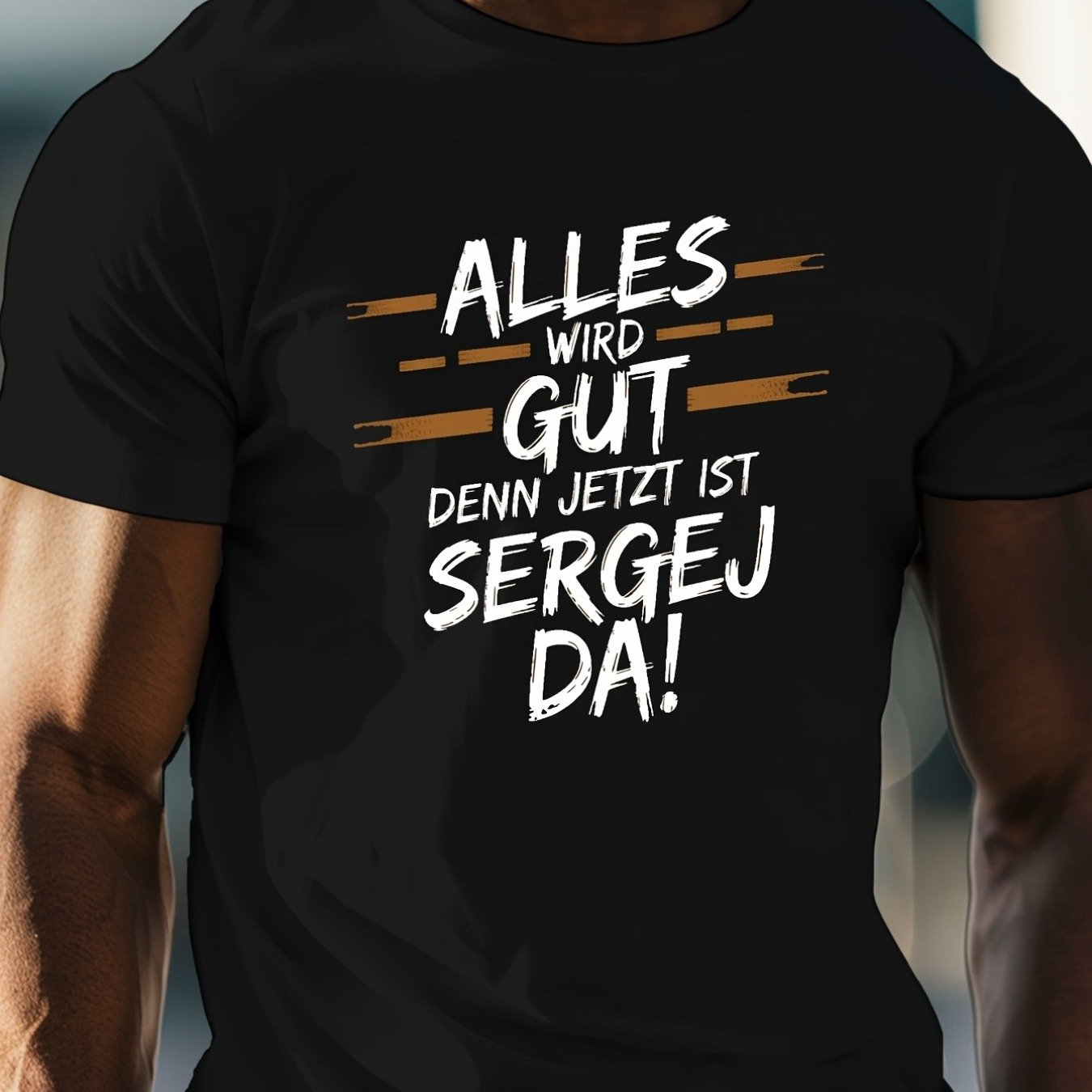 Sergey Comforting German Saying Print, Men's Short Sleeve Round Neck T-shirt, Relaxed Casual Top For Summer Wear