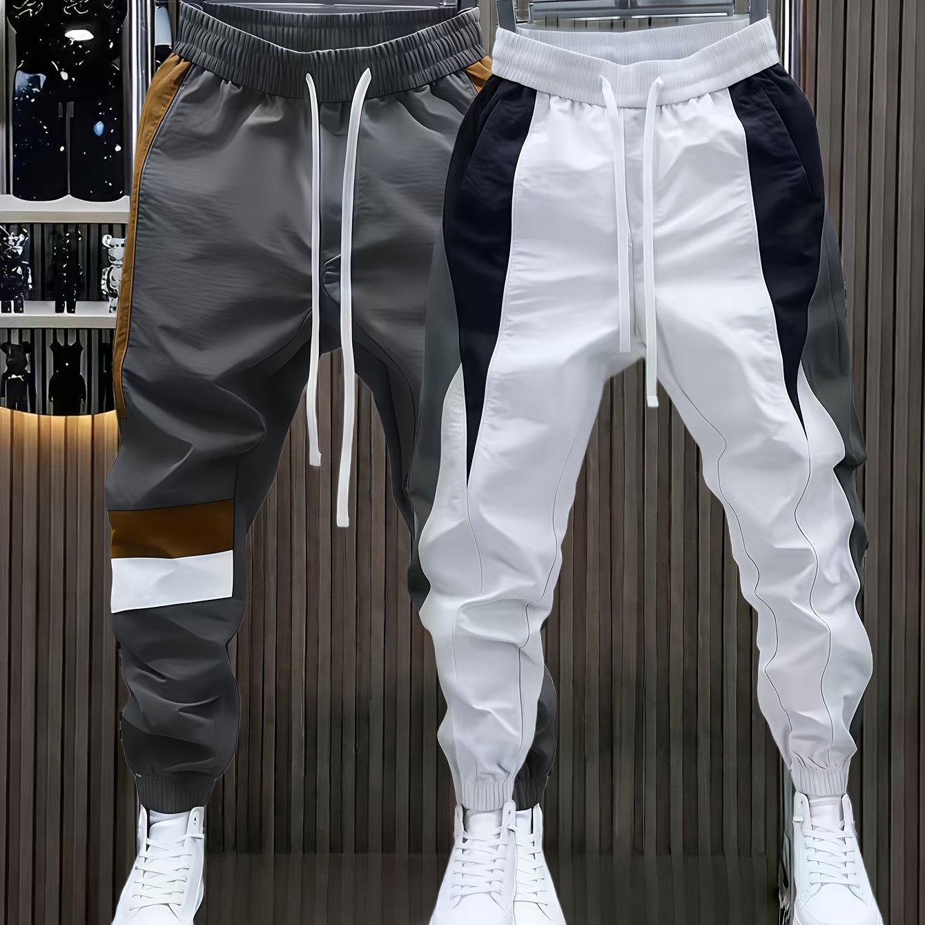 TEMU 2pcs Set - New Style Men's Ankle-cinching Casual Pants Summer Thin Elastic Waist Contrast Color Skinny Trousers Trendy Fashion Pants (2 Styles)